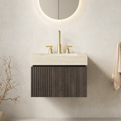 Meuble-lavabo de salle de bain 24 po MURI, armoire de rangement flottante en contreplaqué avec 2 portes, comptoir en pierre frittée Roma Travertine et lavabo en céramique avec 3 trous de robinet pré-percés, pré-assemblé
