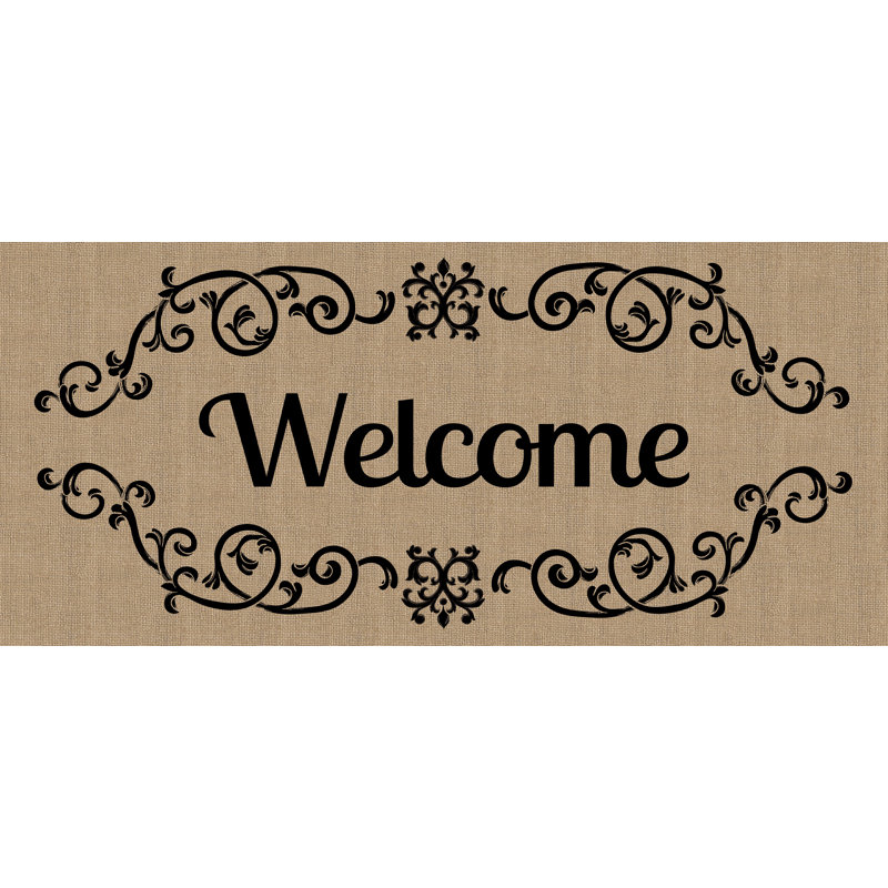 Beige and Black Rubber Outdoor Welcome Mat with Scroll Design