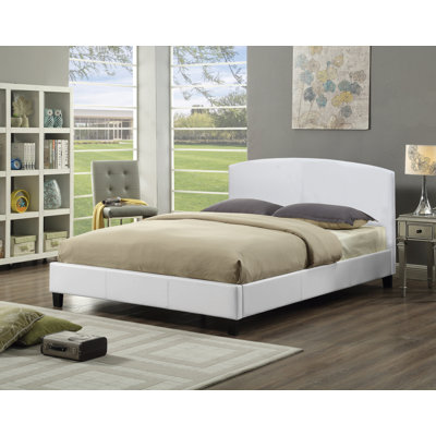 Lit plateforme tapissier moderne avec tête de lit incurvée, base de lit en similicuir, aucun sommier requis, blanc, très grand