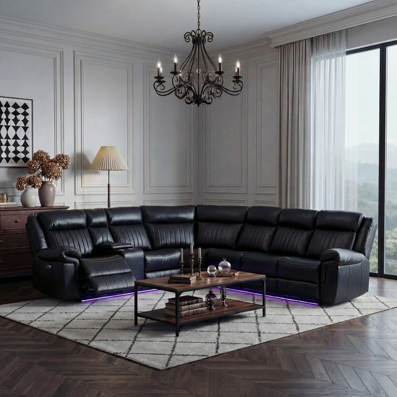 3-Piece Faux Leather L-Shaped Power Recliner Sofa with LED Lighting, Wireless Charging & Multimedia Console, Black