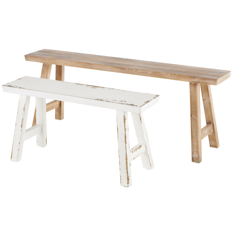 Brunhild Wood Slim Distressed Brown Bench with Smaller White Bench Set