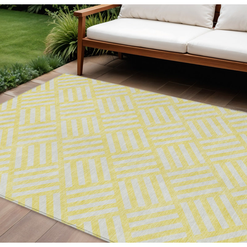 Tapis extérieur lavable à motif géométrique jaune et ivoire 10 pi x 14 pi