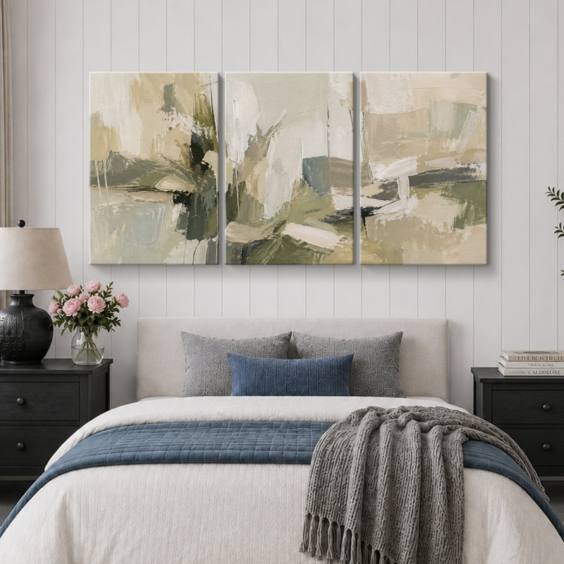 «Sage Green Neutral Brush», œuvre d'art abstraite, images de salon, impression sur toile encadrée, 3 pièces, Toile tendue