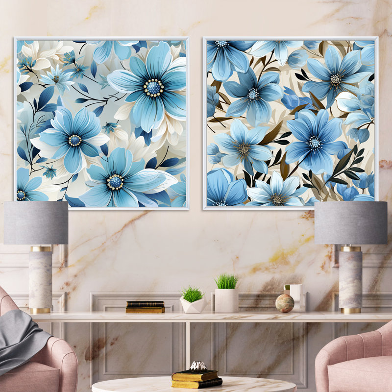 Eline - Ensemble de 2 collages carrés floraux, Cadre flottant blanc, H 36 po x l 73 po