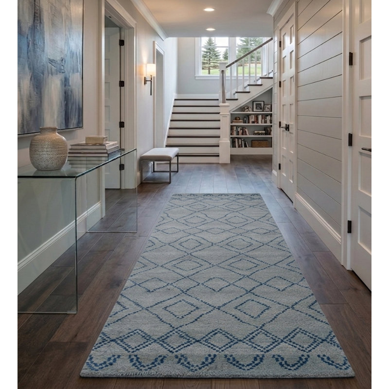 Light Blue Wool Handmade Geometric Hand Knotted Runner Indoor Area Rug, Runner 2'6" x 10'