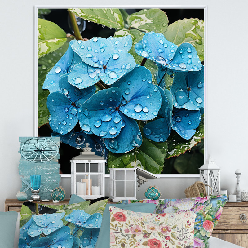 «Blue Hydrangea Flower Elegance I», art mural hortensia, Cadre flottant brun, H 30 po x l 30 po x P 1,5 po