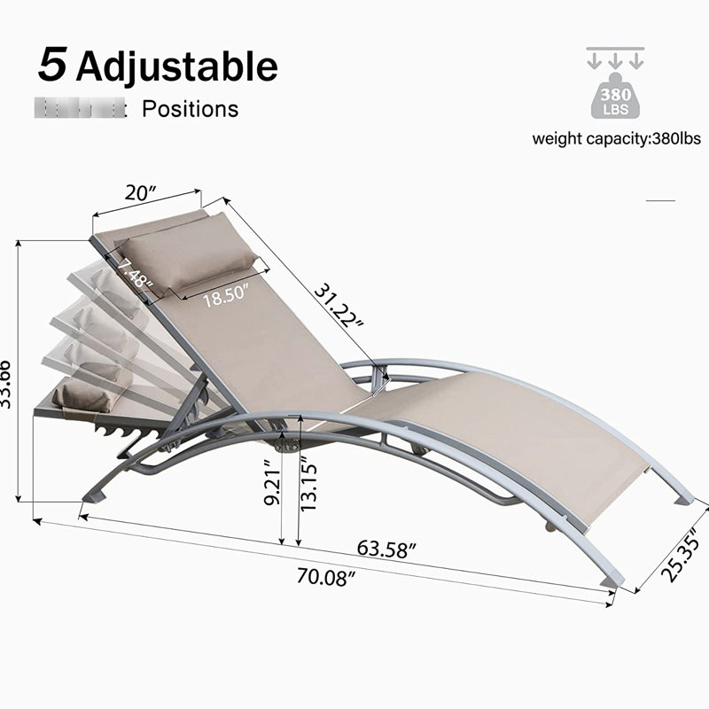 2 Lounge Chairs For Patio, Khaki, Rustproof Aluminum, Adjustable & Pillow, Breathable Fabric Khaki Outdoor Chaise Lounges - Of With Removable Aluminum Frame, Sunbathing, Beach