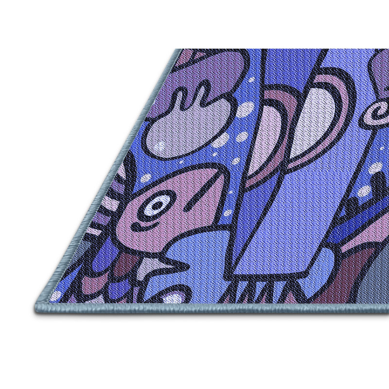Tapis 100% bleu à motif lavable à la machine 2989, Rectangle 7 pi x 9 pi