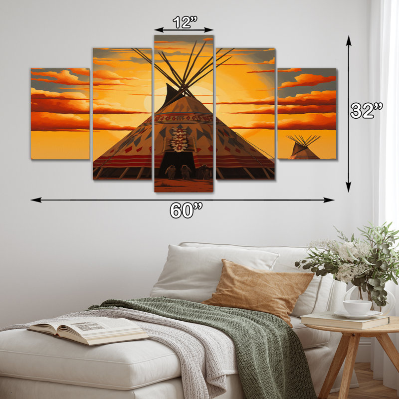 Native Tipi Orange Collage II - impression d'art mural amérindien - 5 panneaux