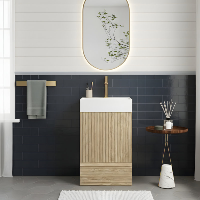 Meuble-lavabo moderne et autonome avec lavabo intégré en céramique blanche, Blanc, Chêne clair