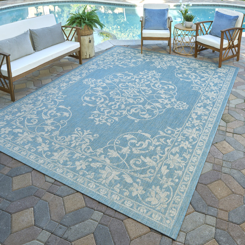 Paseo Antonin Oasis Blue Traditional Floral Medallion Flatweave Indoor/Outdoor Area Rug, Rectangle 6'6'' x 9'6"