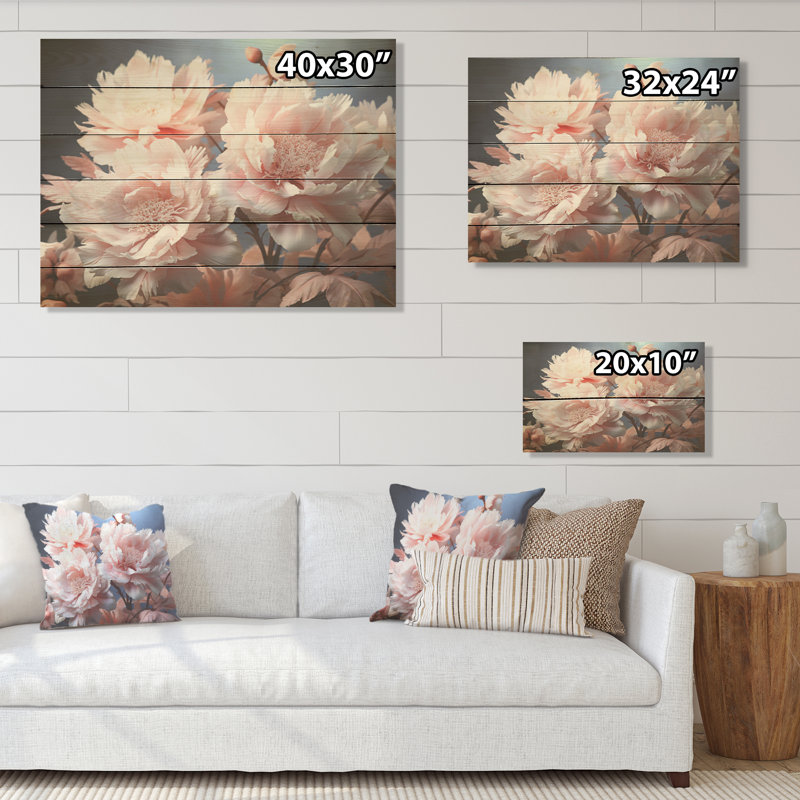 Jardin rose de délices de pivoine I - pivoines, art sur bois de pin naturel, H 30 po x l 40 po