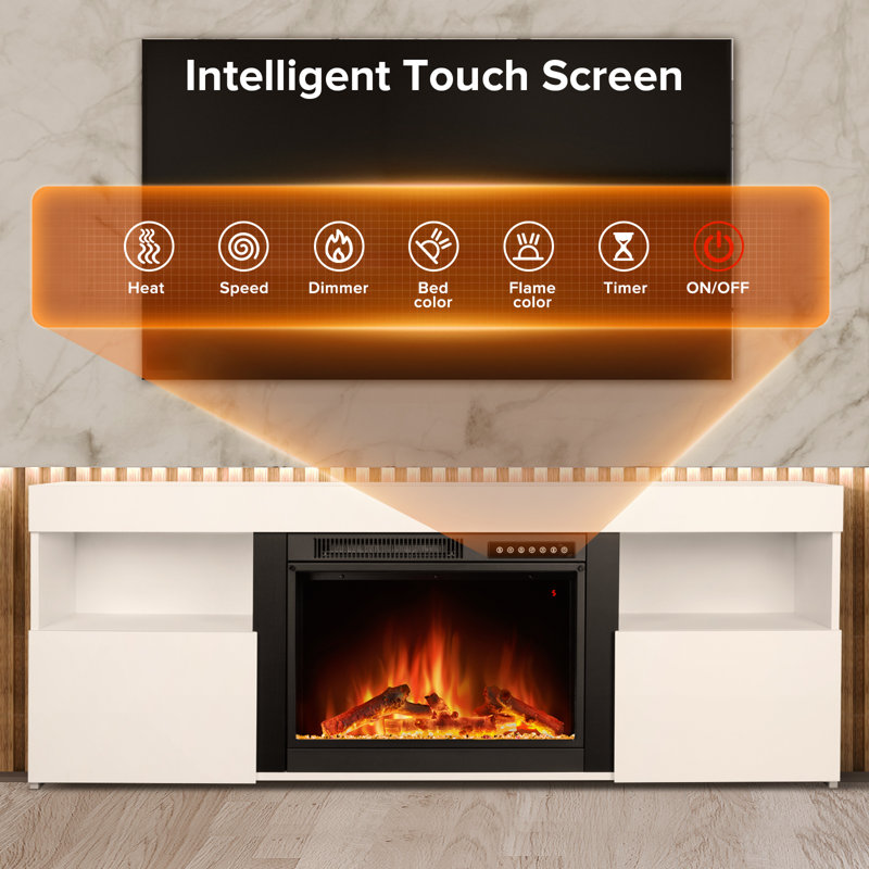 White Modern TV Stand with Electric Fireplace for 60" TVs