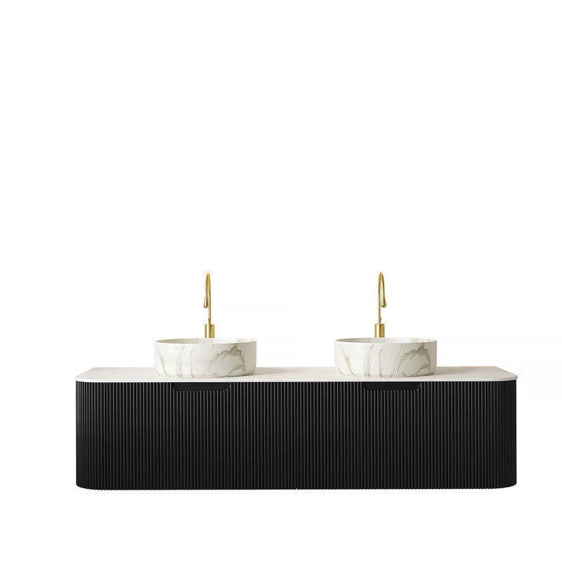 Meuble-lavabo de 60 po avec lavabo et lavabos 60 po, 2 tiroirs, 2 lavabos ronds en céramique blanc mat et plateau en pierre frittée blanc de Carrare, pré-assemblé, couleur noire