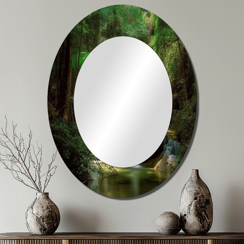 Waterfall In Dense Forest I - Grand miroir mural ovale sur métal, 40 po x 30 po