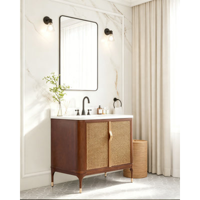 Meuble-lavabo autoportant en bois massif 36 po Mid-Century avec plateau en marbre 36 po