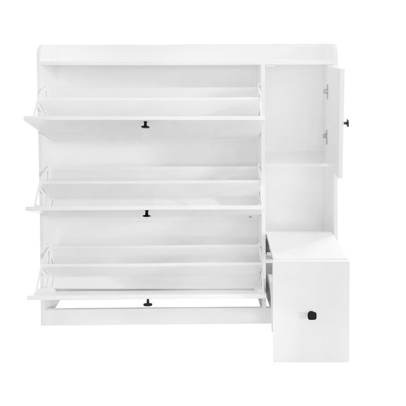Versatile Tipping Bucket Shoe Cabinet With 3 Flip Drawers, Maximum Storage Entryway Organizer With Drawer, Free Standing Shoe Rack With Pull-Down Seat For Hallway, White