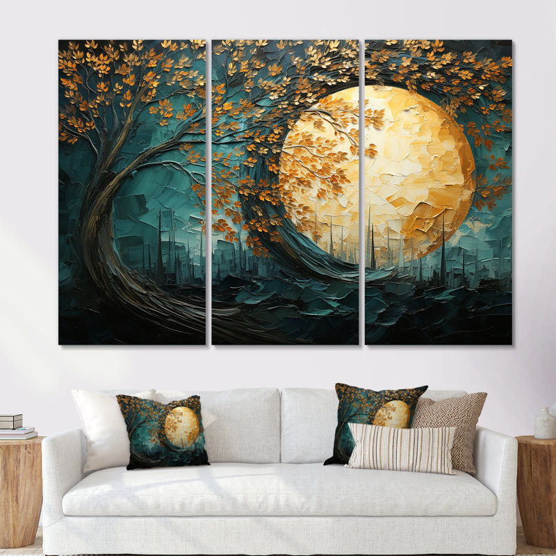 «Golden Emerald Forest I», ensemble d'art mural sur toile à spirales abstraites, Toile tendue, H 32 po x l 48 po x P 1 po