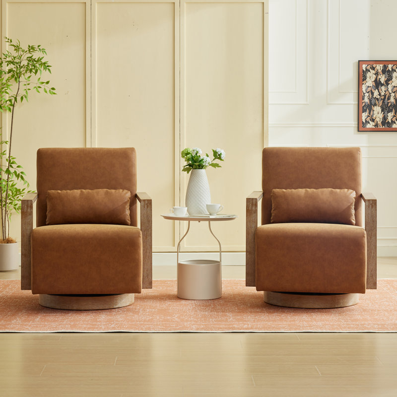 Fauteuil pivotant avec base en bois massif (ensemble de 2), Similicuir brun
