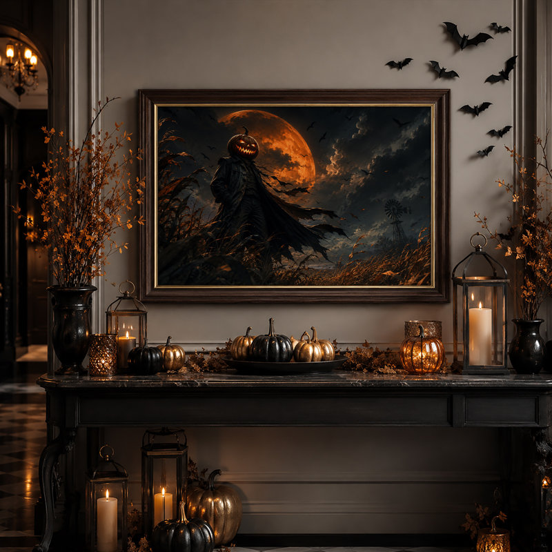 Épouvantail à tête de citrouille dans un champ de maïs sous une toile orange pour l'Halloween, 16"H x 24"W