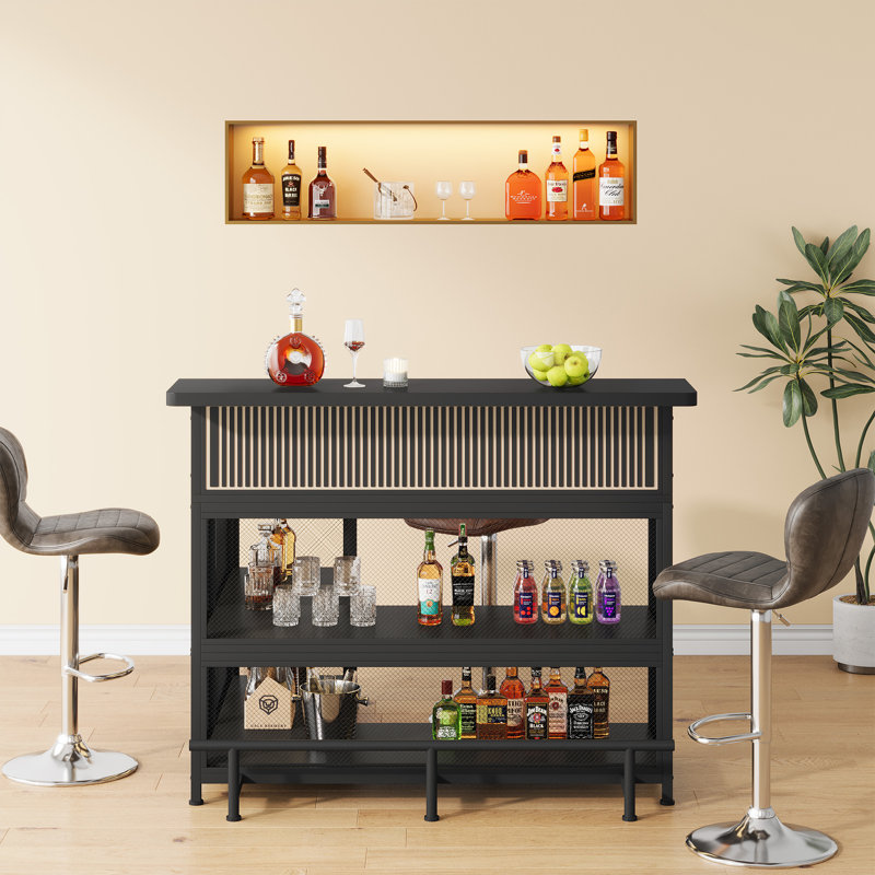 Unité de bar en L avec porte-verres à pied et lumière DEL, table de bar avec rangement, Noir