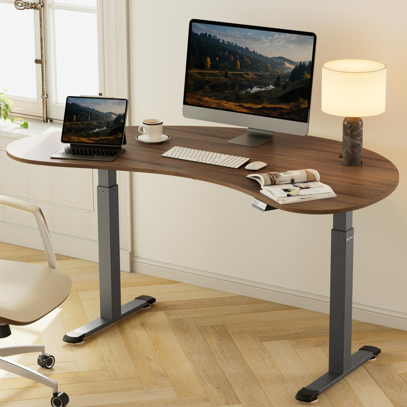 Rachedi 70'' W Cashew Shape Height Adjustable Standing Desk, Walnut