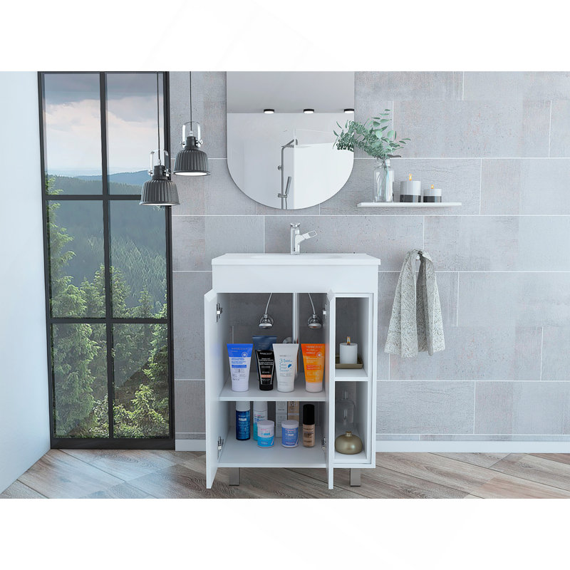 Meuble-lavabo 24 po Meka, deux tablettes extérieures, armoire à deux portes - blanc