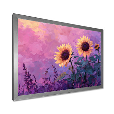 Donah, crépuscule mauve, teintes de coucher de soleil, champ de tournesols I - art mural de tournesols pour le salon
