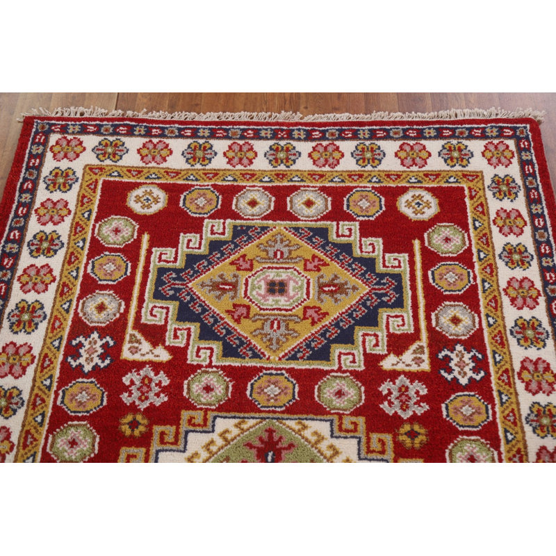 Tapis rouge Kazak en laine rouge noué à la main 4 x 6