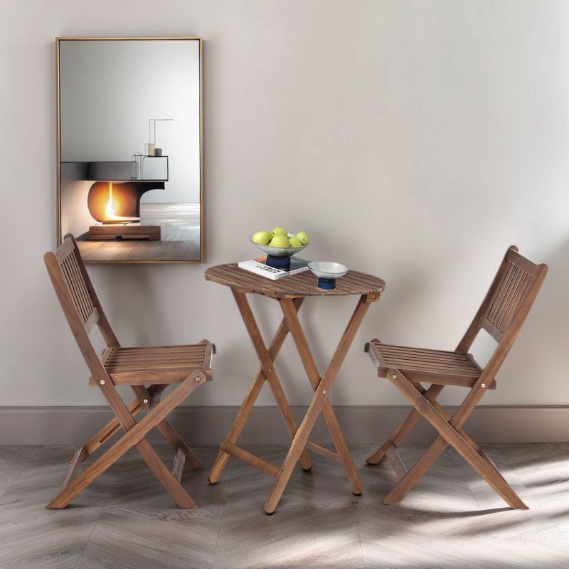 Ensemble bistro 3 pièces en bois d'acacia pour terrasse de jardin avec 1 table basse et 2 chaises pliantes teintées naturelles