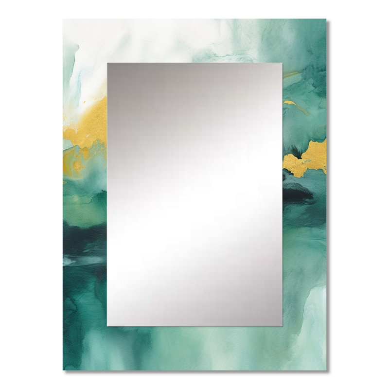 «Blue Watercolor Impression with Gold III - Fractals», miroir mural unique, impression sur métal, 32 po x 24 po
