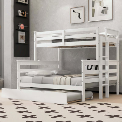 Wood Twin XL over Queen Bunk Bed with Trundle and Ladder, Can be Separated into 3 Beds