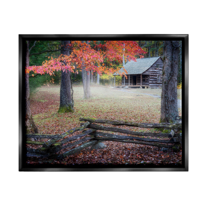 «Log Cabin Woody Autumn Foliage Floater», art mural par Rick Berk, H 25 po x l 31 po x P 1,7 po, Cadre flottant noir de jais