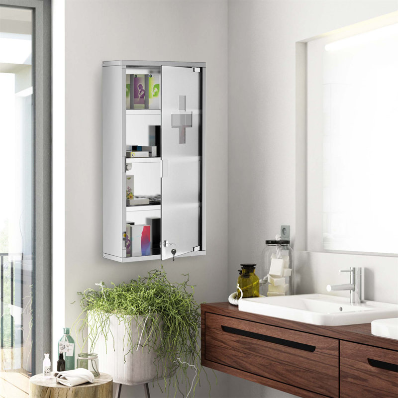 Armoire à pharmacie murale verrouillable Kleankin avec 4 tablettes, cadre en acier inoxydable et porte en verre
