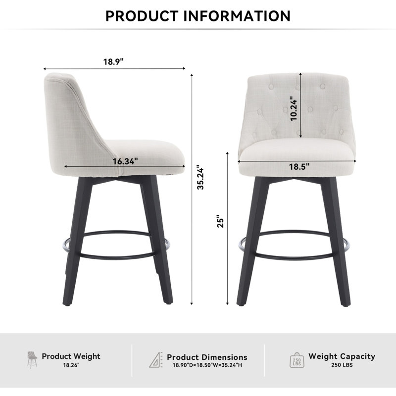 007-25" Swivel Bar Stools Set Of 2-Modern Counter Height Stools With Linen Upholstery&Button Tufted Back, Solid Wood Frame Barstools