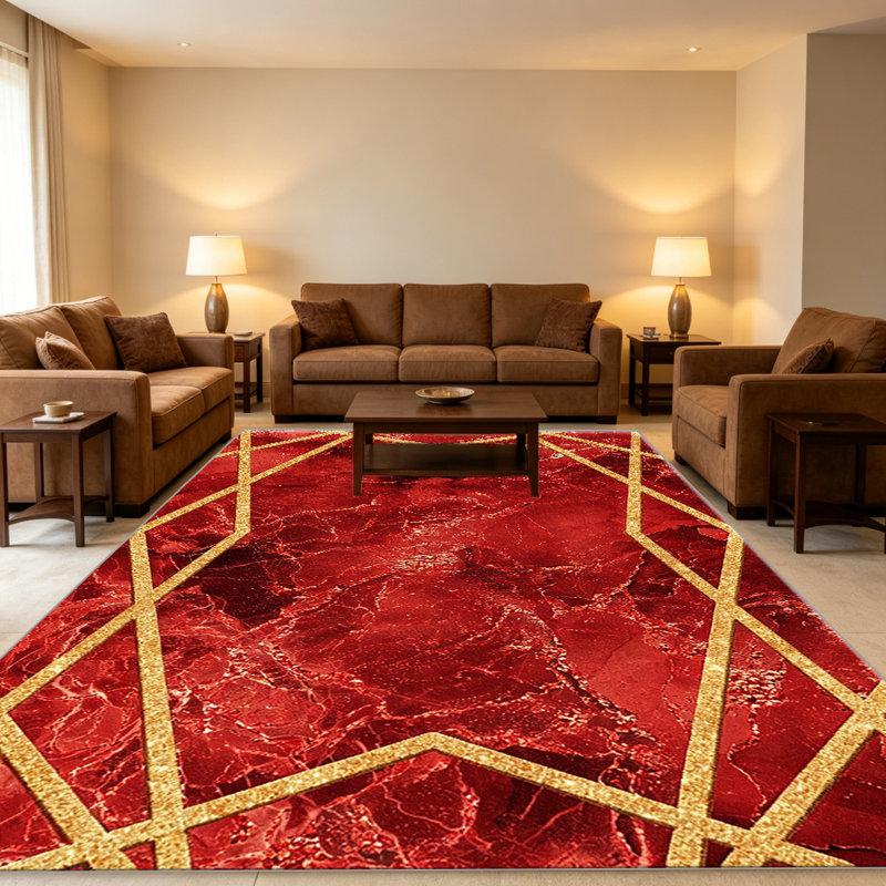 Red Marble with Gold Geometric area rugs for Living Room, Soft and Comfortable, Suitable for all seasons, easy to maintain, machine washable Indoor floor mat, Under Table Farmhouse suitable for Bedroom, Dining Room, Study, Patio, Balcony, Home Decor