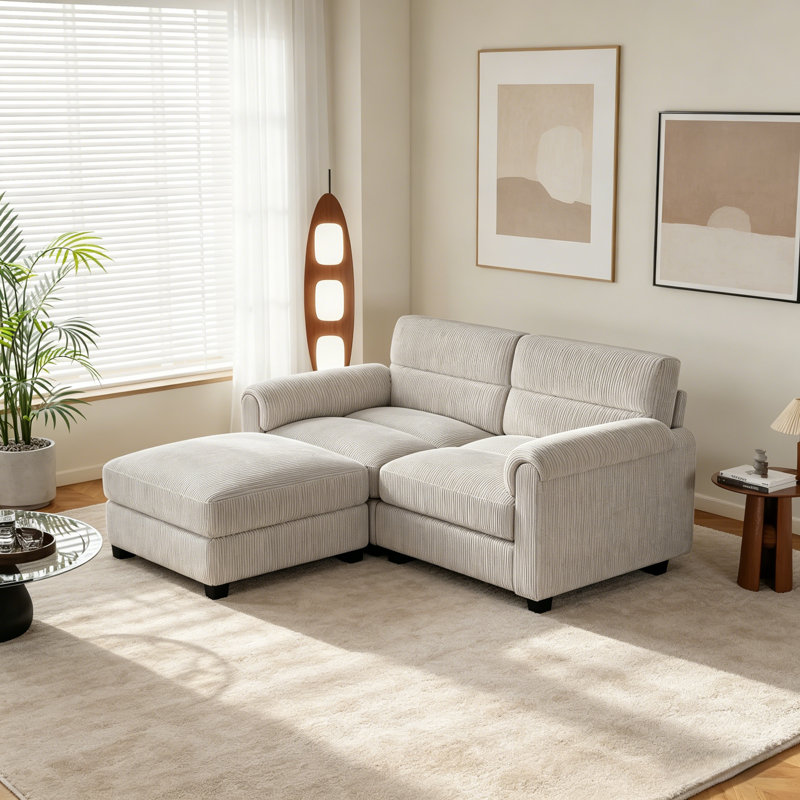 61.8'' Corduroy Upholstered Modular Loveseat Sofa With Ottomans & Adjustable Pillowtop Arm, Light Gray
