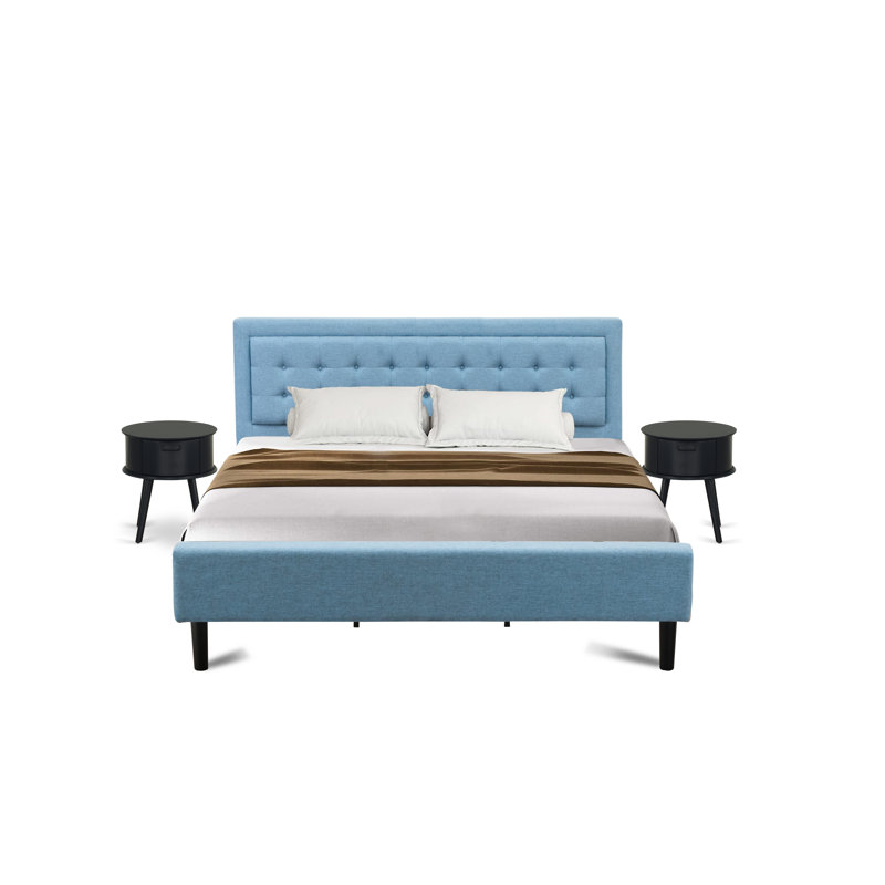Ensemble de chambre avec très grand lit plateforme 3 pièces avec 1 cadre très grand et 2 tables de bout pour la chambre à coucher - Fabrication fiable et robuste - Tissu en lin bleu denim