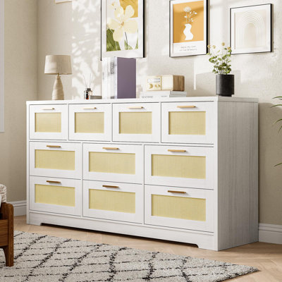 Commode 10 tiroirs pour chambre à coucher, commode en bois de rotin de 59,1 po de largeur, poignées en métal, commode pour placard