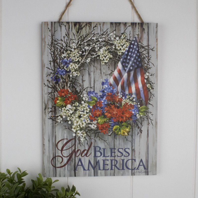 «God Bless America», panneau en bois avec support à corde