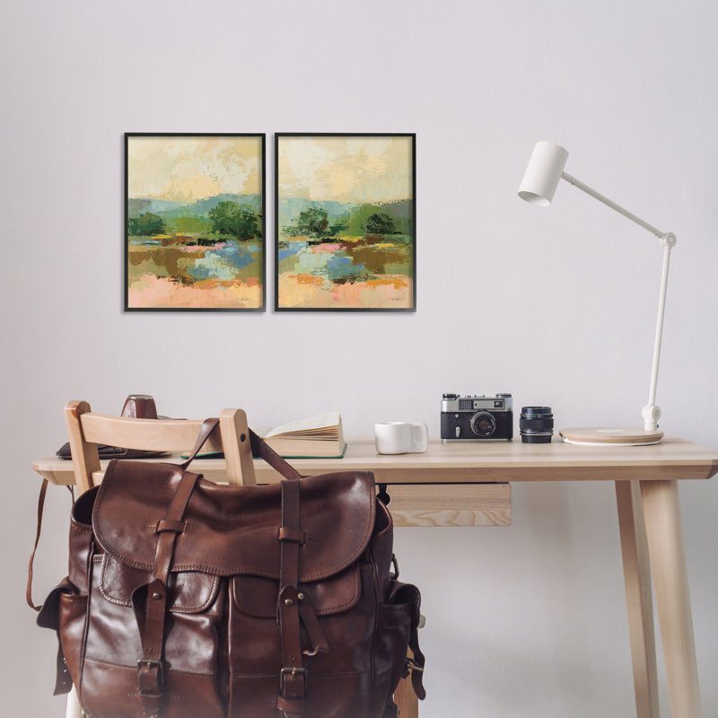 Across the River Landscape, ensemble de 2 estampes numériques encadrées par Silvia Vassileva, Giclée encadrée noir minuit