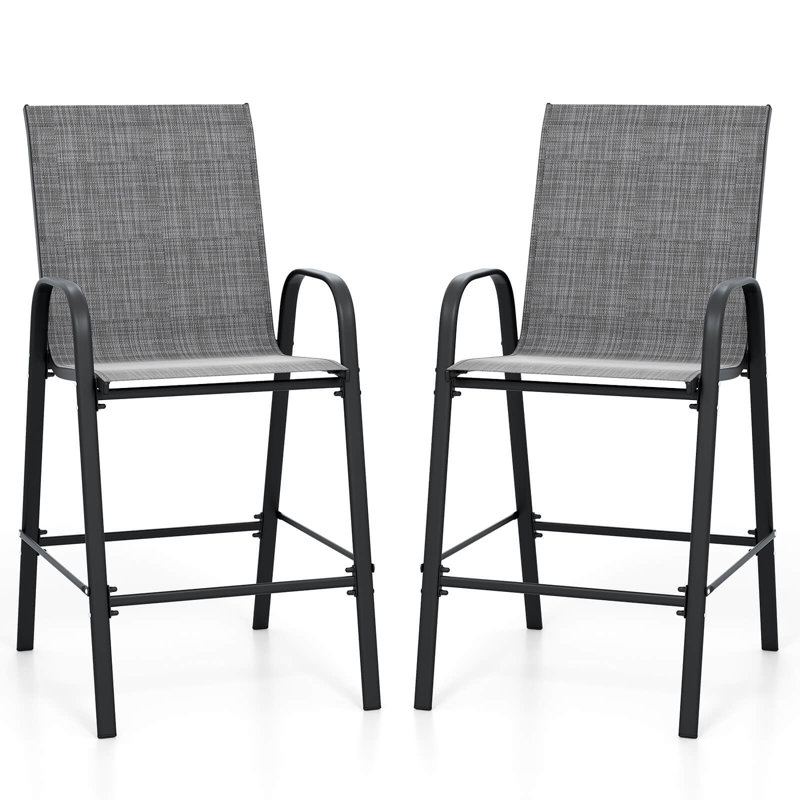  2 PCS Outdoor Bar Stools 29" Fabric Bar Height Stools with Armrests & Footrest Gray, Gray