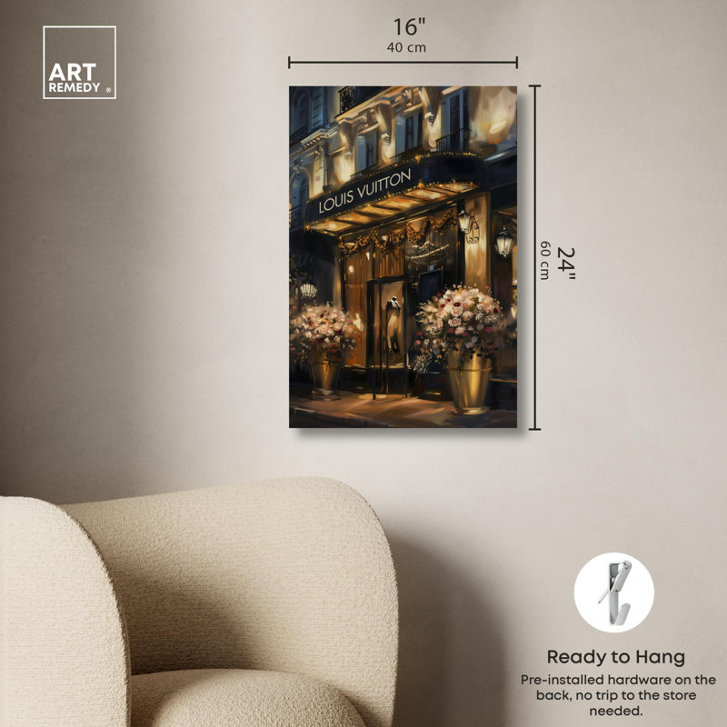 «Elegant Night Storefront» par Art Remedy, H 24 po x l 16 po, Toile tendue sur cadre, Ne s’applique pas