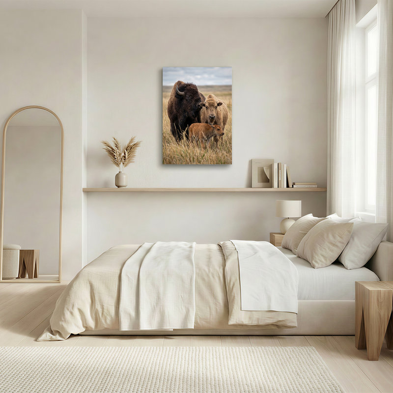 Art sur toile, grand bison brun adulte et veau debout dans de hautes herbes sèches, 18"H x 12"W
