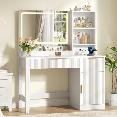 Fluted Makeup Vanity Desk with LED Lighted Mirror, 2 Drawers, Cabinet, Shelves and Charging Station for Bedroom