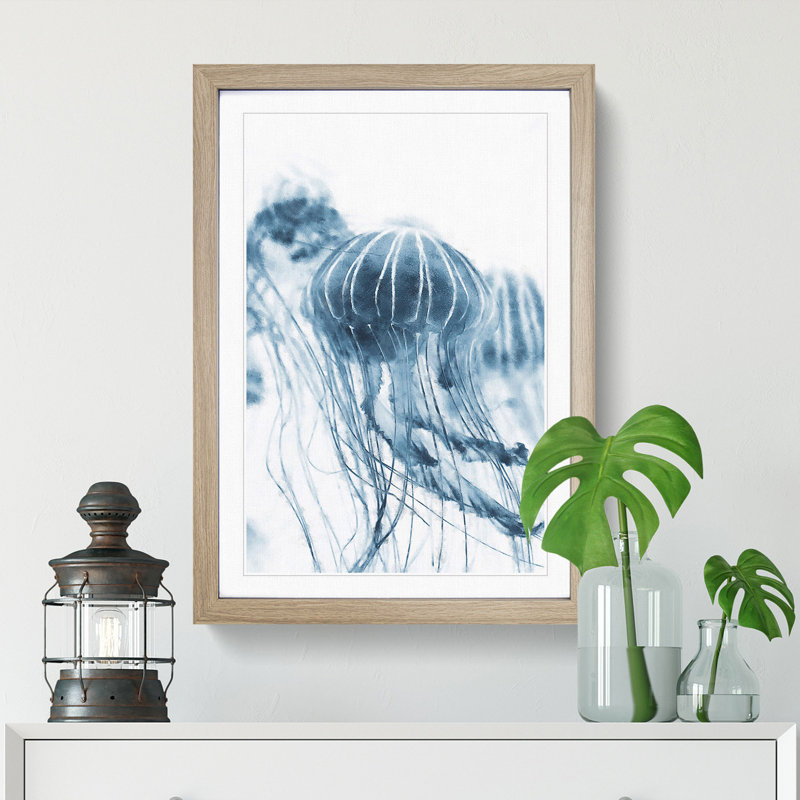 A Blue Jellyfish - Framed Print, 63cm H x 45cm W x 2cm D, Oak Framed