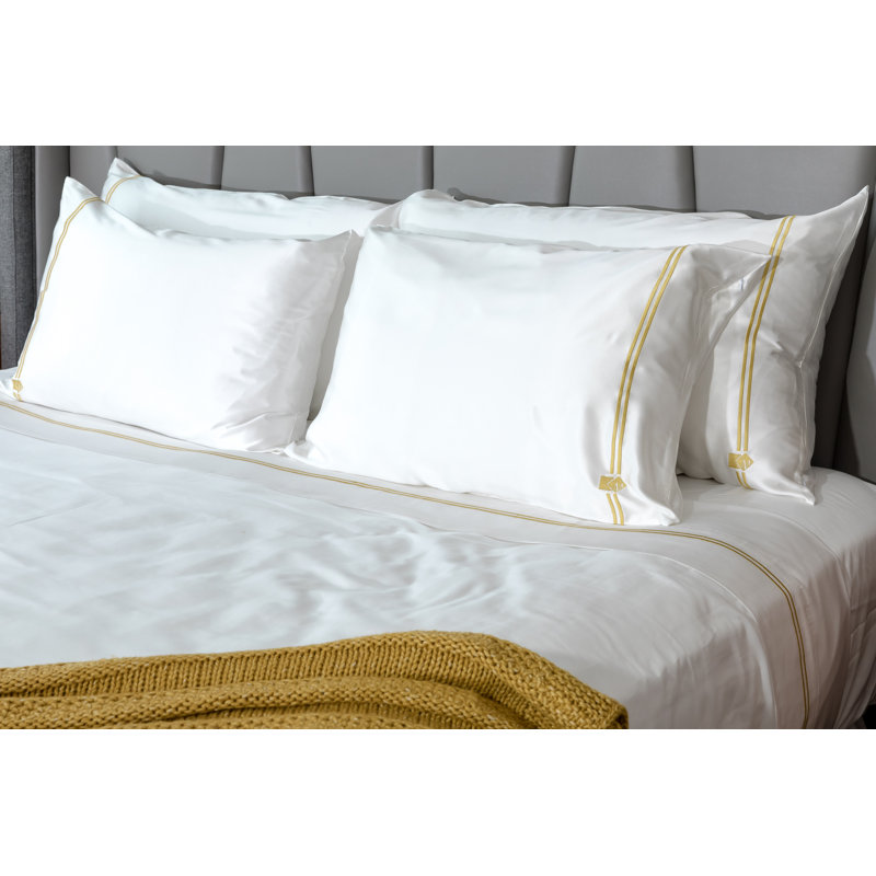 Silk Pillowcase Sheet Set, Full Sheet Set with 2 Pillowcases, White/Gold