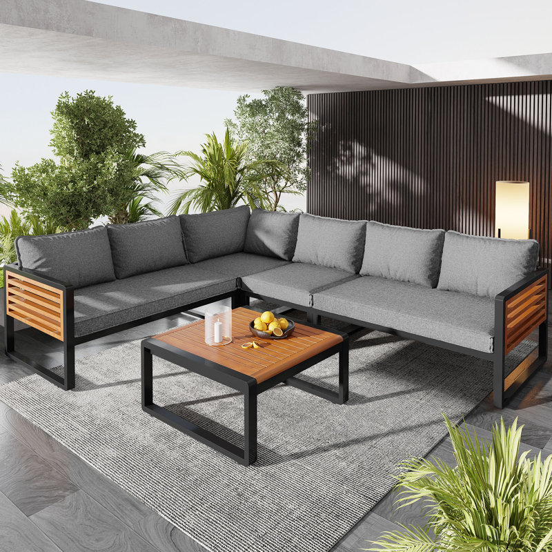 Garden Lounge Set For 5–6 People Modern Sofa Set Iron Frame Wooden Armrests