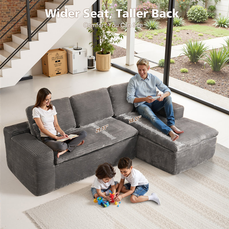 Alcala 130" L-Shaped Modular Sectional Sofa, Grey Polyester