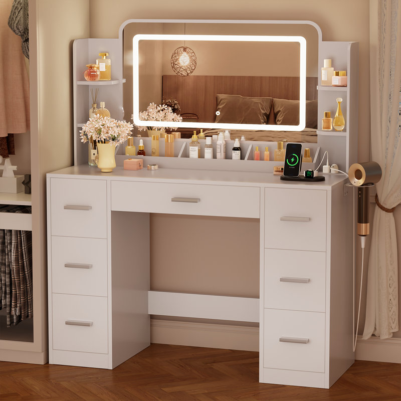 Adjustable LED Mirror Makeup Vanity Desk with Large Storage & Fast Charging Ports for Bedroom and Dressing Room, White